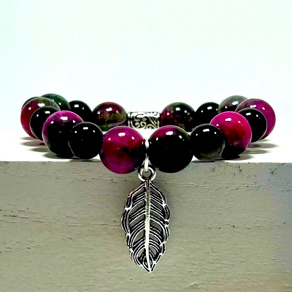 Handmade Feather Charm Bracelet with Obsidian & Persian Jade Gemstones! - Picture 3 of 4